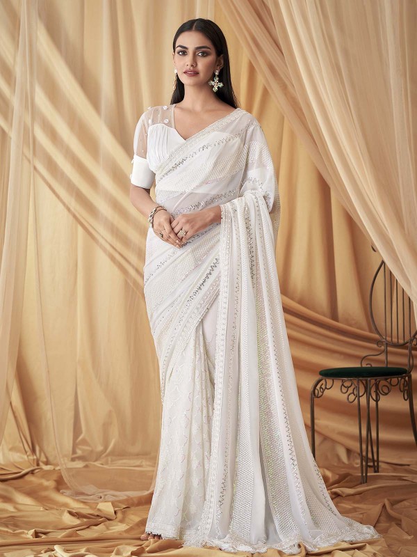 Pearl White Georgette Saree